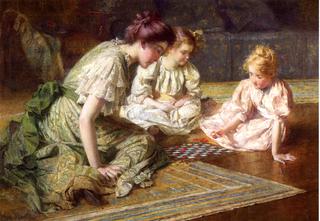 Mother and Daughters Playing Chess
