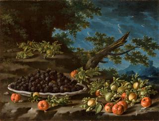 静物画中有一碗浆果、针叶樱桃和榛子