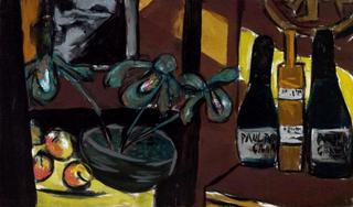 Still Life on Brown and Yellow (Champagne Bottles and Orchids)