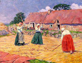 Threshers at a farm in Brittany