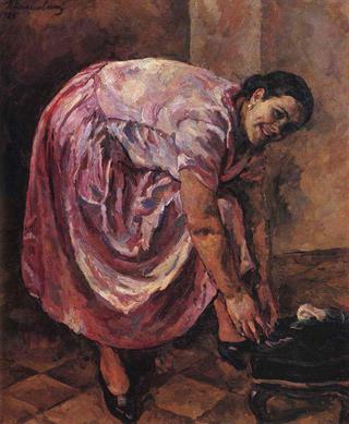 艺术家的女儿娜塔莉娅·孔恰洛夫斯基身着粉色连衣裙的肖像