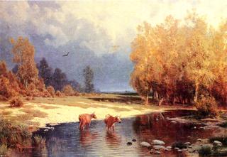 Landscape with the river and the cows
