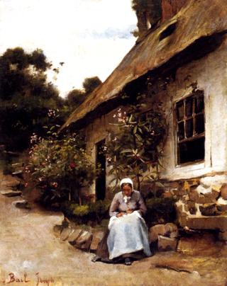 Women Sewing in Front of Her Cottage