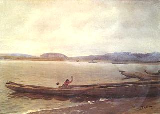 Landscape of the Volga with boats.