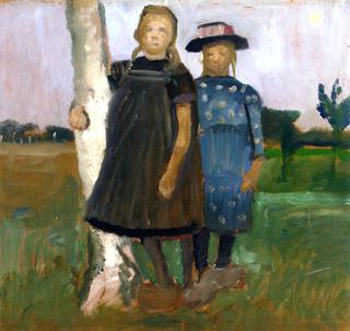 Two Girls with a Birch Tree Trunk