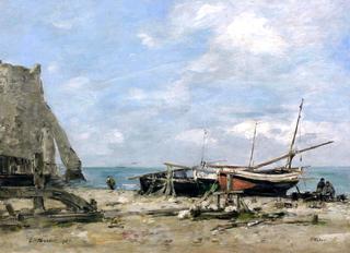 Étretat, Fishing Boats on the Beach and Falaise d'Aval