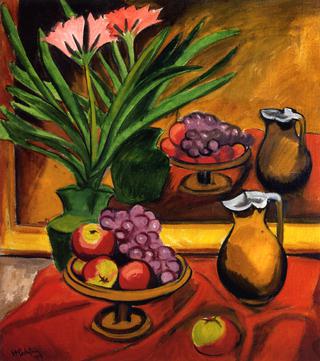 Still Life with Mirror: Clivia, Fruit and Jug