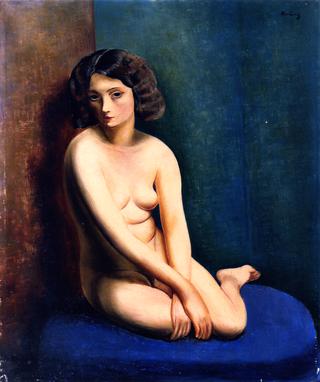 Kneeling Nude on a Blue Background