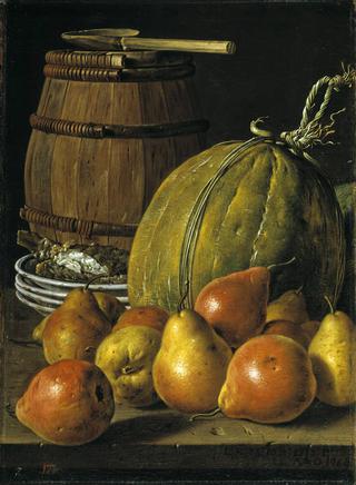 Still-life with Pears, Melon, Plates and Barrel