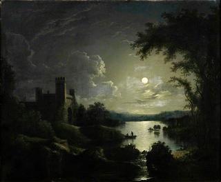 月光下的城堡和湖泊