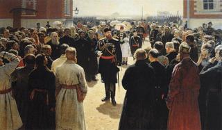Aleksander III receiving rural district elders in the yard of Petrovsky Palace in Moscow.