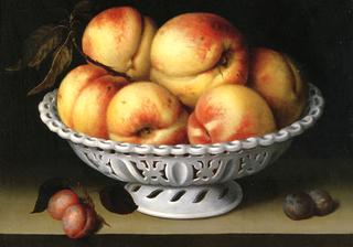 Still Life with Peaches in a White Porcelain Basket