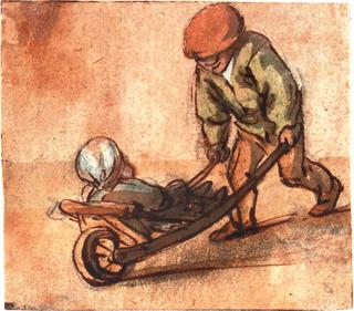 Boy Pushing a Baby in a Wheelbarrow