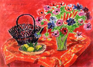 Vase of Anemones, Lemons and Basket on a Table