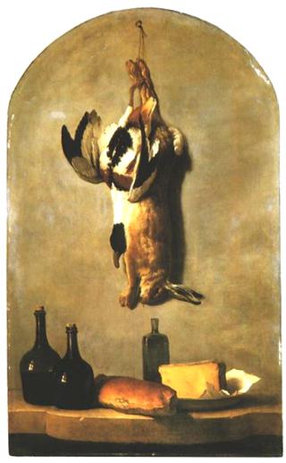 静物：野兔，鸭子，面包，奶酪和酒瓶