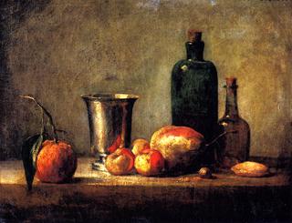 Seville Orange, Silver Goblet, Apples, Pear and Two Bottles
