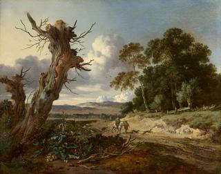 Landscape with Two Dead Trees, Two Sportsmen with Dogs on a Sandy Road