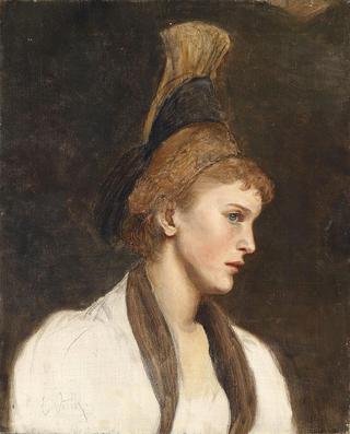 Woman in profile with gold cap