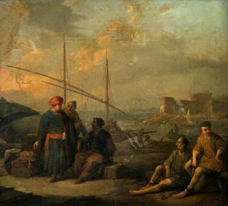A Harbour with Figures in Oriental Costume