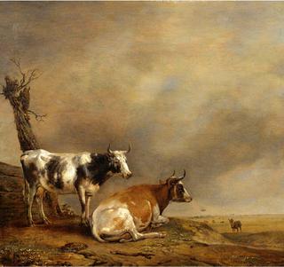 Two Cows and a Goat by a Pollarded Tree in a Landscape with other Cows
