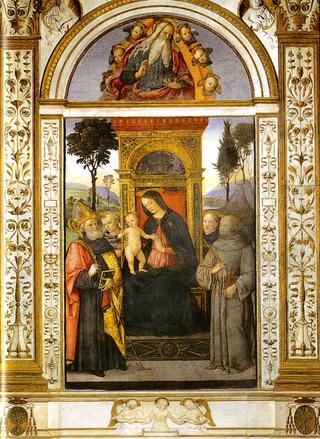 Madonna and Child Enthroned with Saints Augustine, Francis, Anthony of Padua and a Holy Monk