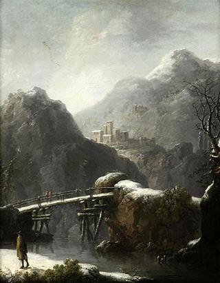 Snowy Landscape with a Bridge over a River and Figures