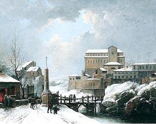 Winter Landscape with Figures Crossing a Bridge near a Monastery