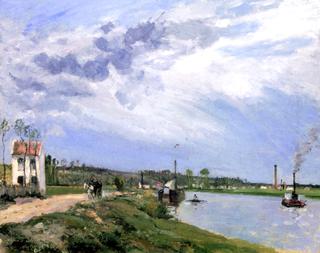 Path by the Oise with Barge, Boat and Tug, Pontoise