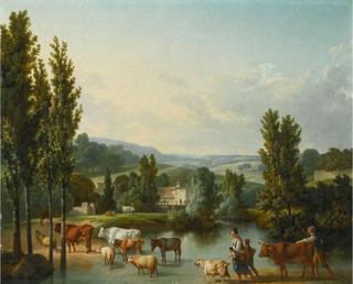 A shepherd and his family with their livestock fording a stream in an extensive landscape