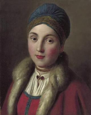 一个穿红色皮毛大衣的女人的肖像