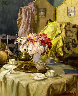 Interior with flowers and tea set
