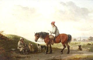 一个骑马的男孩在路边和一个乡下人交谈