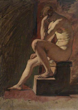 裸体男性坐姿，头靠在手上，左脚靠在木块上