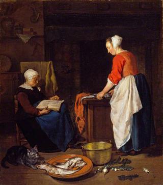 一个厨房女佣在洗鱼，一个老太婆在睡觉