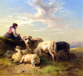 Shepherdess with Flock of Sheep