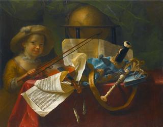 A still life of pipes, a globe, an engraved musical score of a French overture and a violin