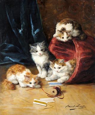 four kittens playing in a sewing basket