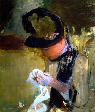 Woman in Black and Green Bonnet, Sewing