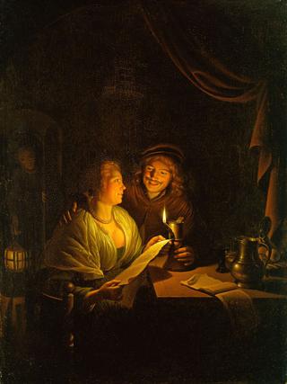在烛光下看书的夫妇