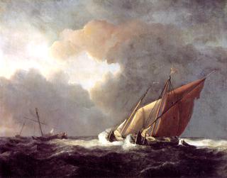 两艘荷兰船只在强风中靠拢