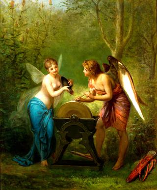 A Cupid And A Fairy Sharpening The Arrows