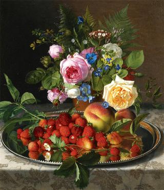 Still life with roses and strawberries on a silver salver