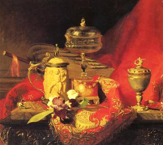 A Still Life With Iris And Urns On A Red Tapestry