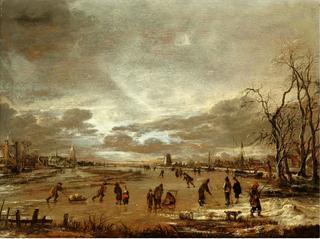 A winter landscape with skaters and Kolf players on a frozen river