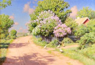 Road with pecking hens and lilacs