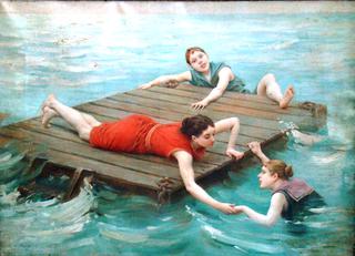 Girls Swimming From A Raft
