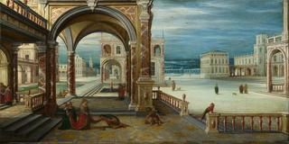 文艺复兴时期宫殿的庭院里，一个男人跪在一个女人面前