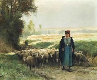 Shepherd Girl Guiding Flock of Sheep