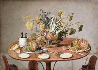 Still-life on a table: cutlery, plates, bread and fruit