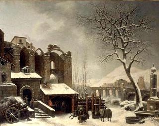 Snow Effects on the Ruins of a Gothic Church with a Bridge in the Distance